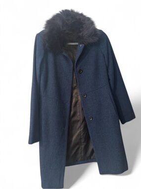 Banana Republic Navy Wool-Blend Coat with Faux Fur Collar